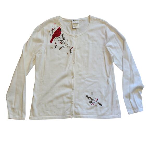 Collections Etc Cotton Applique Embroidered Bird Button Cardigan White Womens L - Picture 1 of 7